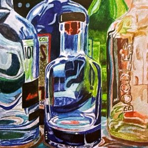 Reflejos en botellas (2021) Acuarela 39x23 Ángel Simón