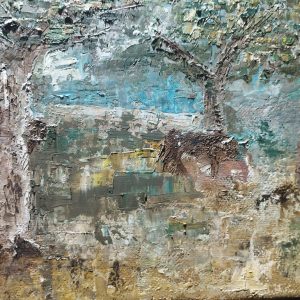 "FINA ESTAMPA" es una pintura abstracta, óleo sobre tabla entelada de 15 cm. x 20 cm. Representa un paisaaje con dos arboles y una tienda de campaña