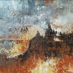 Pintura abstracta de un paisaje. tonos ocres, grises y azules