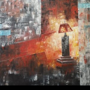 "RINCÓN DE PENSAR" es una pintura abstracta de una escena calida y acogedora que meustra un rincon con una lamparita encendida al lado de una ventana. Óleo sobre lienzo. 54 cm. × 40 cm.