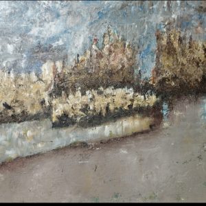 Pintura abstracta de un paisaje urbano con árboles reflejados sobre un camino húmedo, tonos ocres y azules