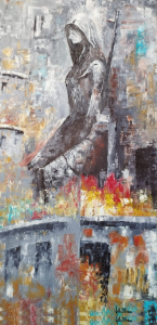 Pintura abstracta de un soldado sobre una escena de destruccion y llamas , tonos grisaceos, ocres y anaranjados