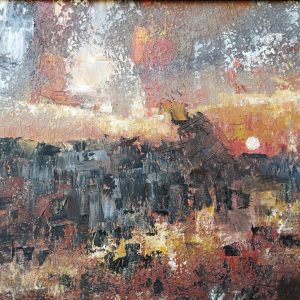 Pintura abstracta de una triste escena del accidente ferroviario de Ademuz. Amasijo de hierros y destruccion. tonos grisaceos, ocres y anaranjados que transmiten un sentimiento profundo de tristeza